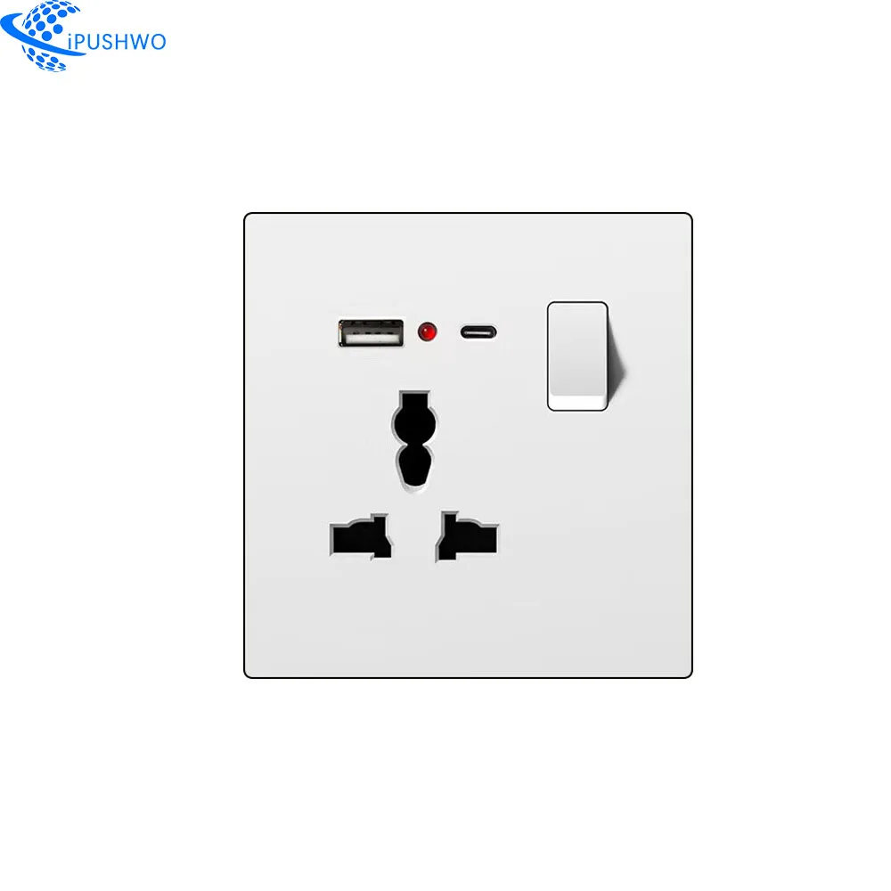 white gold grey Wall Socket with Type A+C 18W Quick Charge Plug Socket,Wall power outlet with USB charger UK switch with socket
