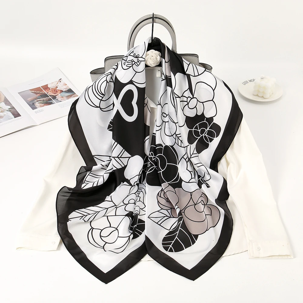 New Arrival Elegent Summer Bandana Square Fancy Flower Printed Hijab Satin Silk Scarf For Woman