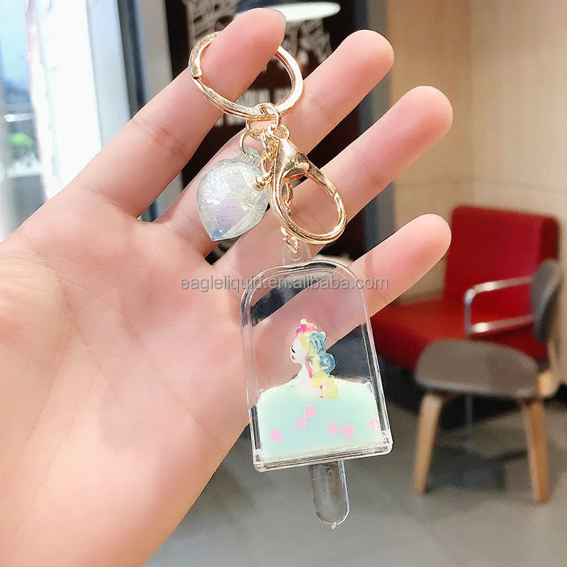 Kawaii Small Ornament Popular Items Cartoon Ice Cream Cute Keychain Floating Liquid Unicorn Keychain
