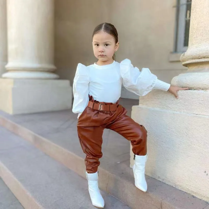 Finalz wholesale kids boutique 2 Piece Sets Puff Sleeve Knit Top Leather Pants little girls clothing sets