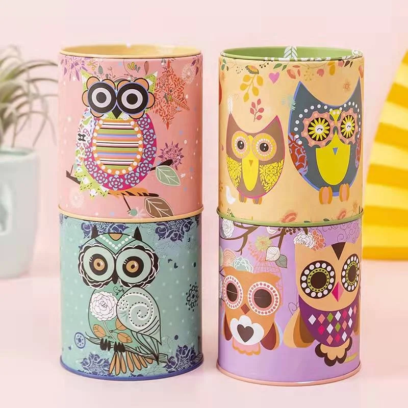 Wholesale creative owl pattern mini round metal kids piggy bank money boxes