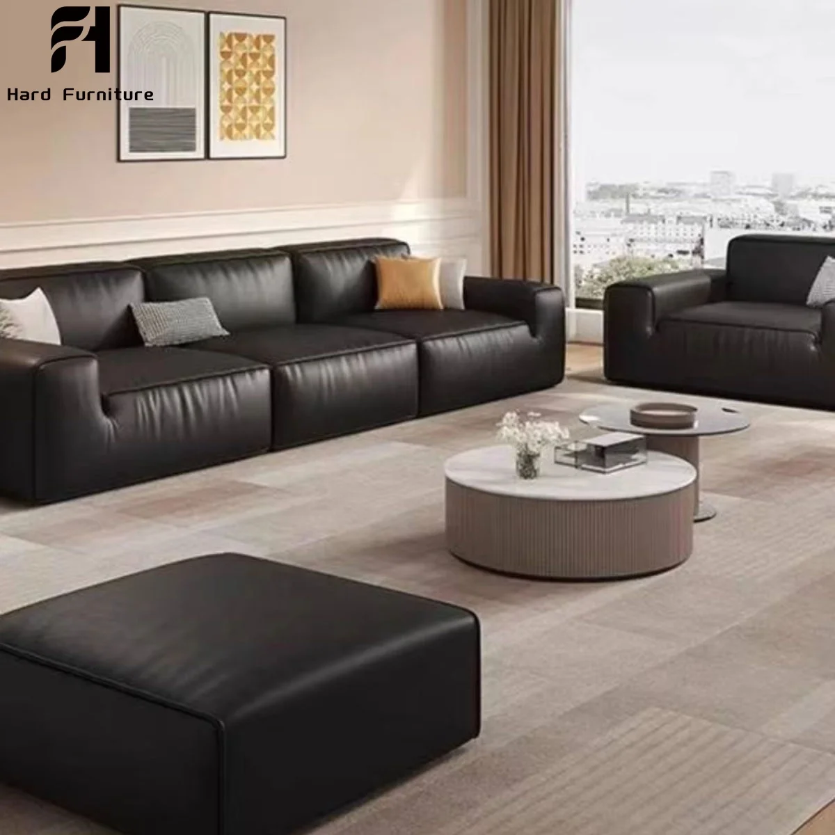 Customized Modern Furniture Black Genuine Leather Luxury Sofa Set Living Room Sectional Sofa