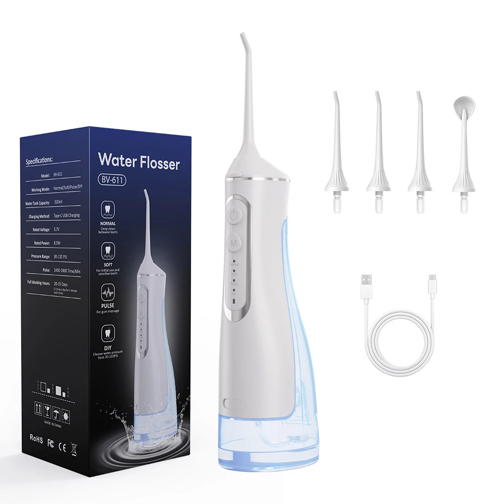 Factory ODM New Technology 120 PSI IPX7 360 Degrees Electric Water Flosser Device with 4 Nozzles for Teeth
