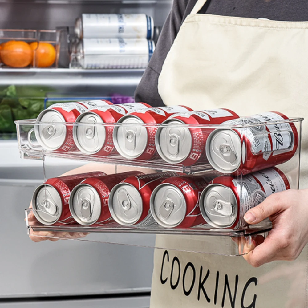 Double Layer Fridge Drink Shelf Can Dispenser Drink Holder Stackable Clear Refrigerator Organizer Bins