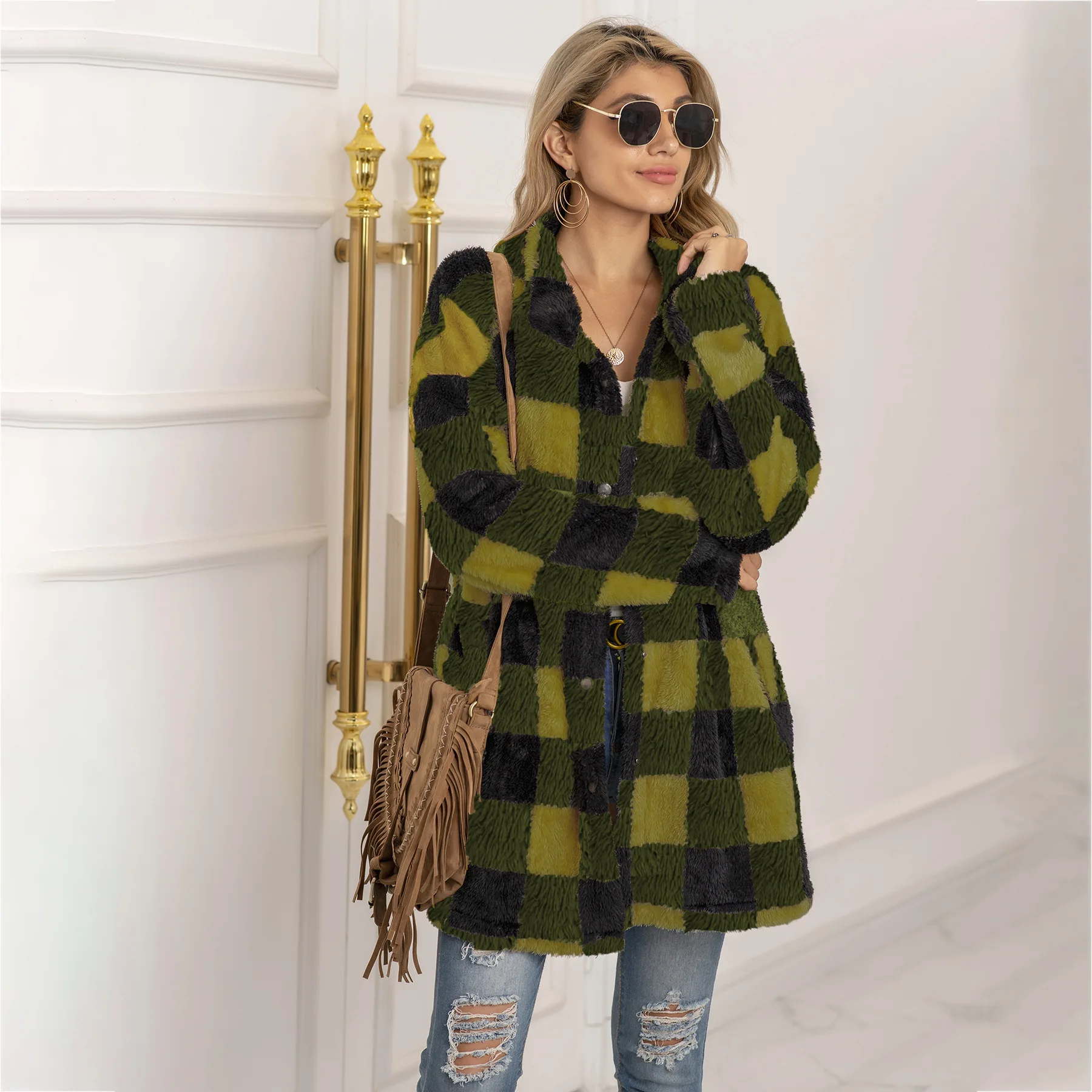 
2021 new Color blocking plaid fluffy long sleeve cardigan jacket coat for women 