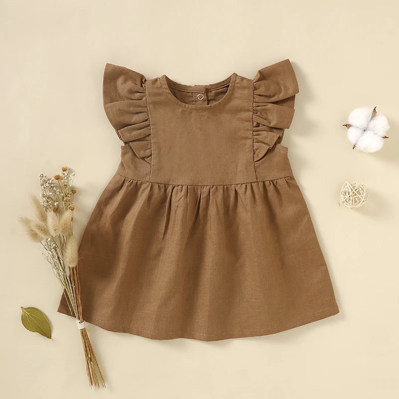 Wholesale Linen Organic Cotton Ruffle Shoulder 1 Year Girl Baby Summer Dresses