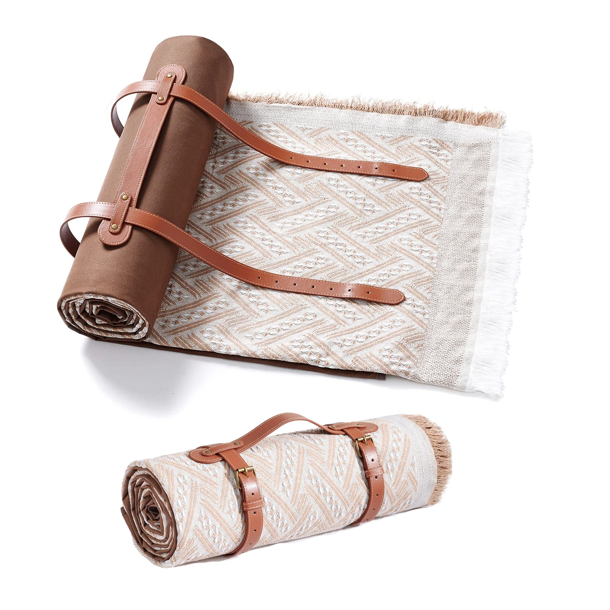 2 in 1 Logo Luxury Beach Picnic Blanket Waterproof Extra Large Vegan Leather Strap Camping Mat Custom