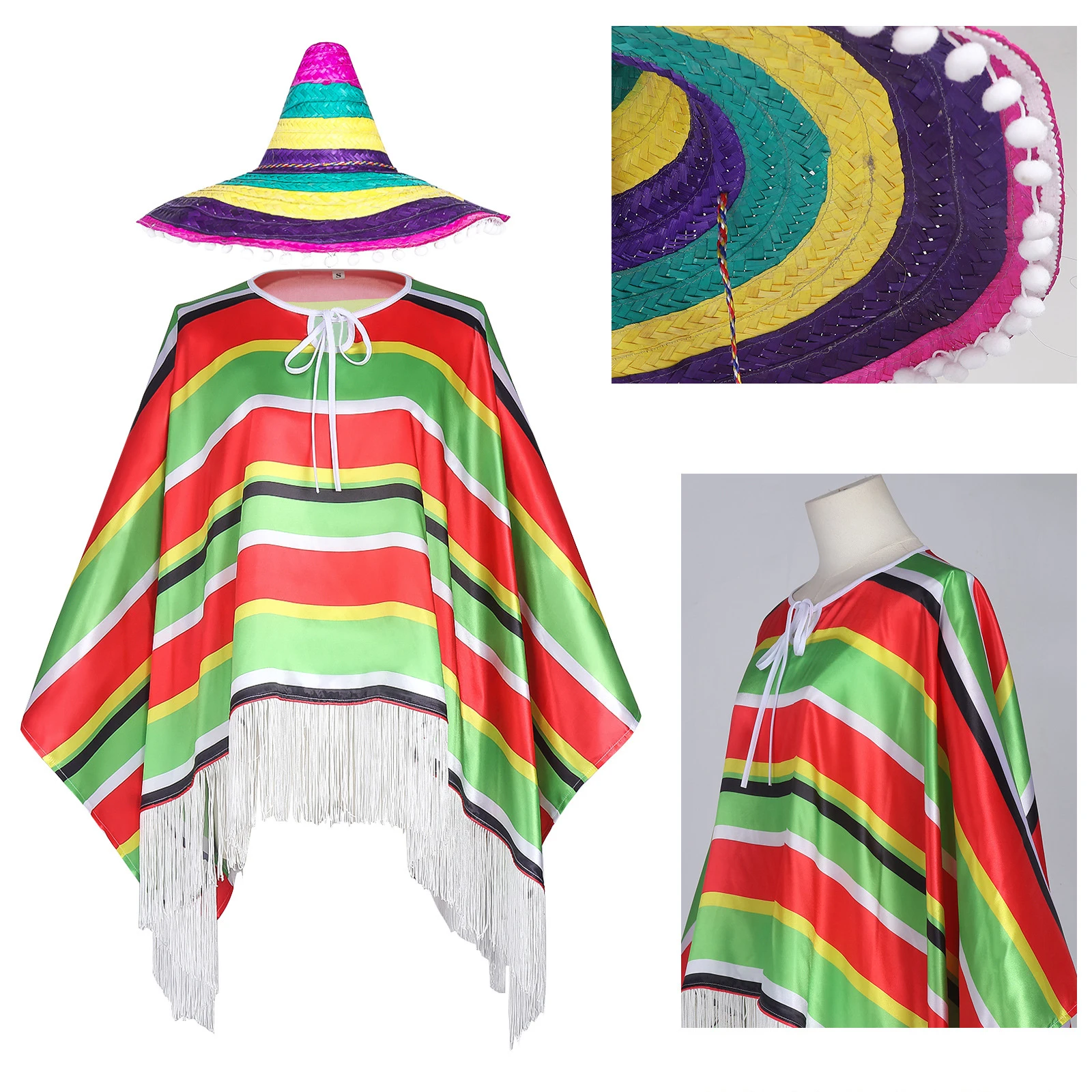 Мексиканский костюм пончо Serape Cinco De Mayo Mexican Fiesta и шляпы