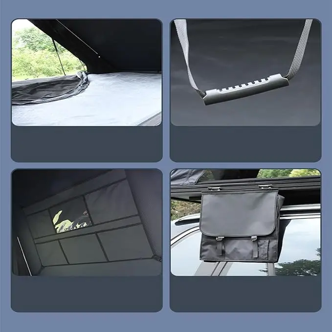 Yescampro Camping Aluminum 4 Person Top Roof Tent, Triangle Car Rooftop Tent Clamshell Black Gray Hard Shell Roof Top Tent