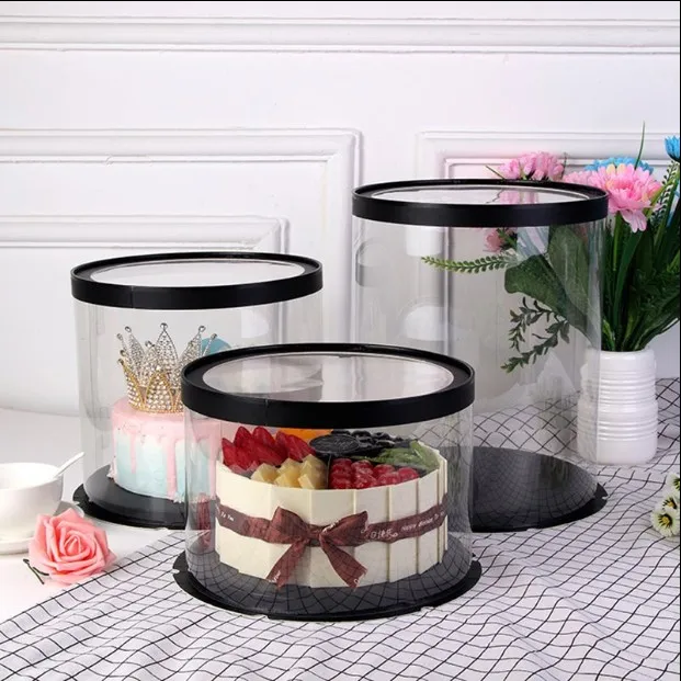 Food grade Pet Round Wedding Cake Boxes8'10'12' Pet Plastic Clear Gold Birthday Cake Box with ribbon