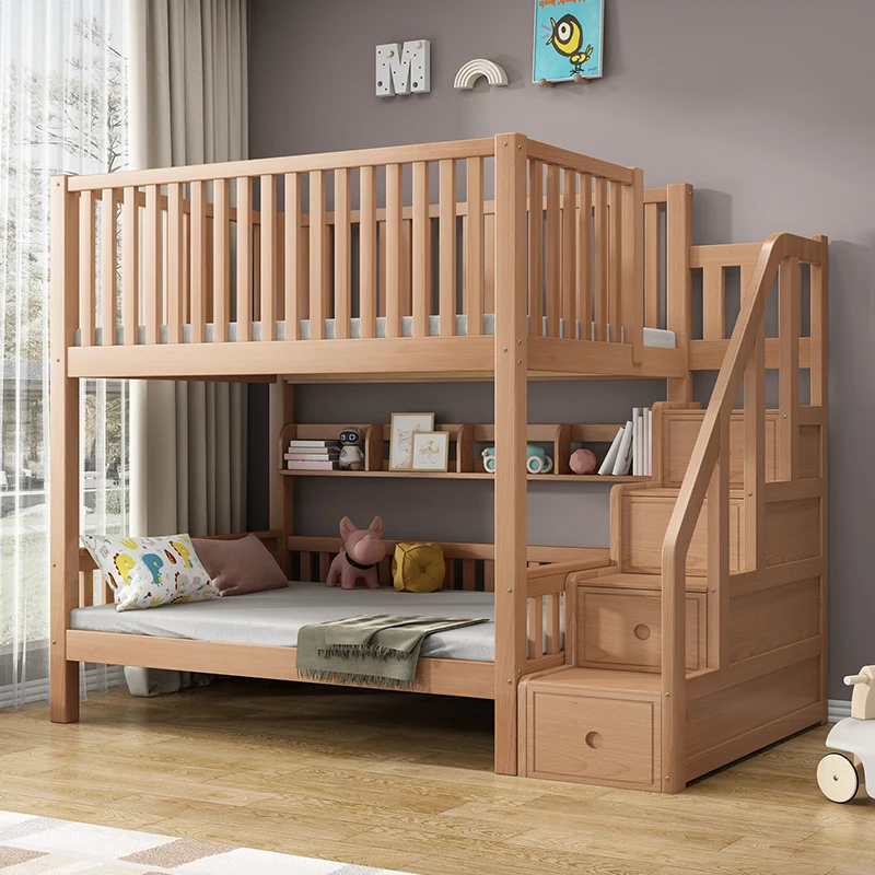 Children Safe Beech Bedroom Kids Bunk Bed  Set bed Loft Bed