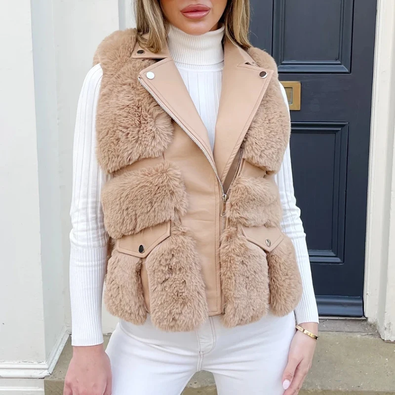 New Moto Biker Notched Women Vests Women Elegant Faux Fur Patchwork PU Leather Coats Women Zipper Slim Vests