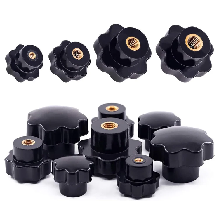 Black Plastic Star Knobs Assortment Kit Female Thread Knurled Clamping Handle Nuts Screw On Type w Brass Core