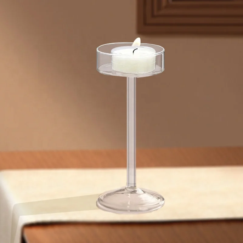 Transparent Candlestick Holder Crystal Glass Round Base Tall Pillar Light Goblet Candle Holder
