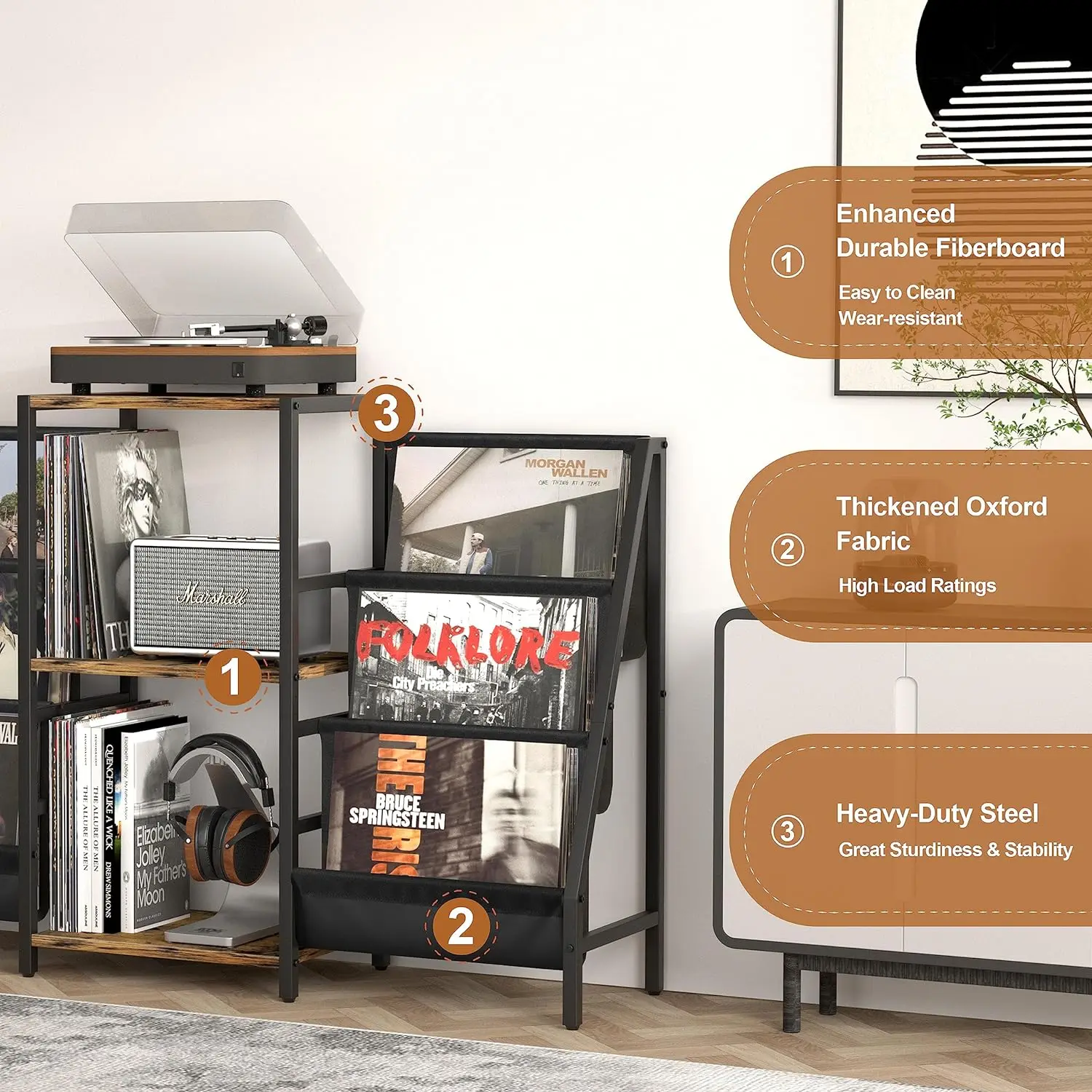 Rustic Home Living Room Furniture Steel Wood Holder Vinyl Display Shelf Cabinet Media Stereo Storage Table Record Player Stand