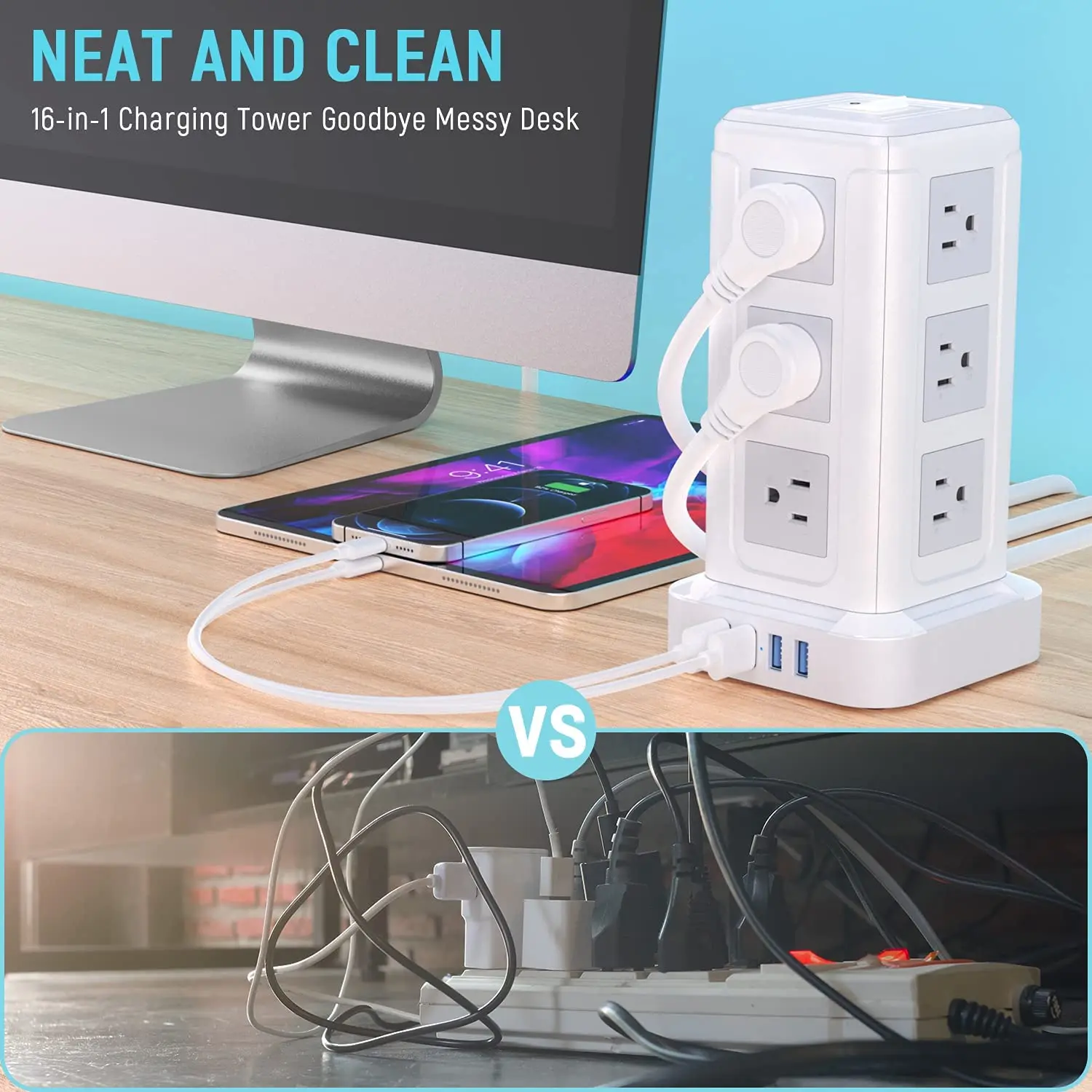 Vertical Smart Tower Mains Power Strip Extension Socket 4 USB Port Adapter Multifunction Electrical With Switch