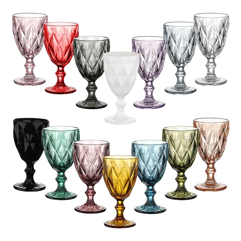 Heat Resistant  Embossed Vintage colored goblet wine glass Drinking Cups Beer Mugs for Water and juice