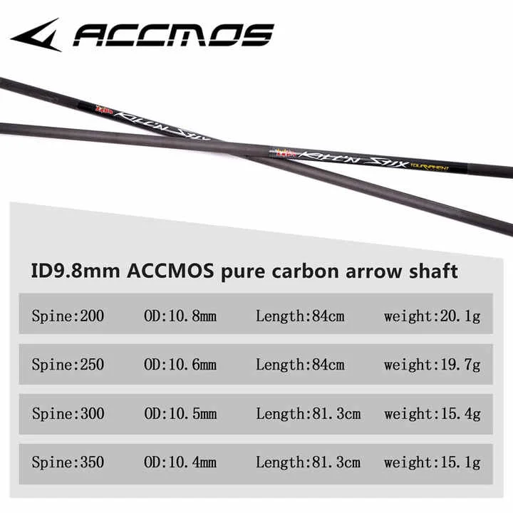 ACCMOS 32in ID 9.8mm Spine 200-350 Black Pure Carbon Arrow Shaft Archery Recurve Bow Shafts