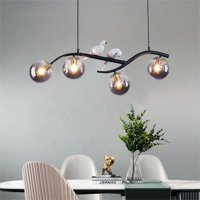 Dining Table Bar Chandelier Black Gold Horizontal Iron Rod with Bird Glass Ball Hanging Lamp Kitchen Island Light