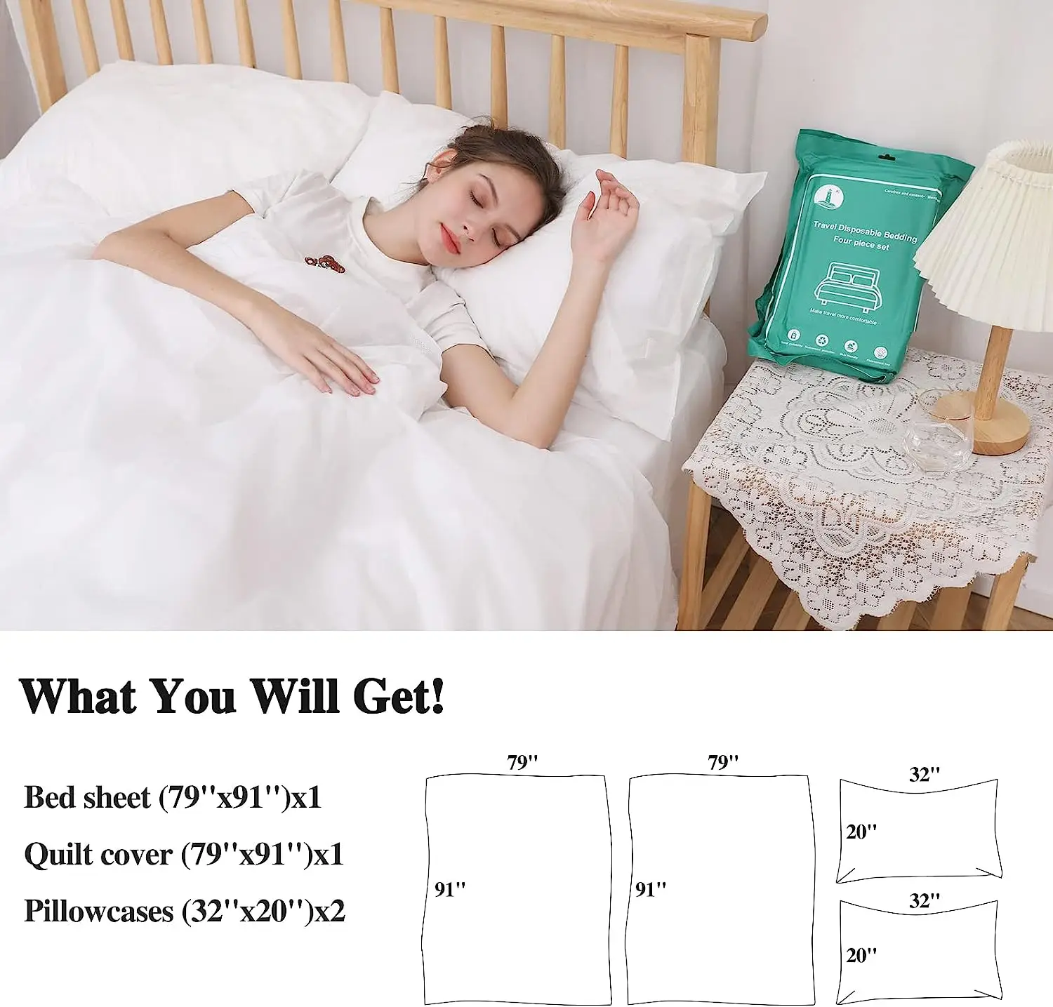 4 PCS Disposable Bed Sheets Travel Sheets with 1 Quilt Cover 1 Sheet and 2 Pillowcase for Travel Business Trip Spa Hotel