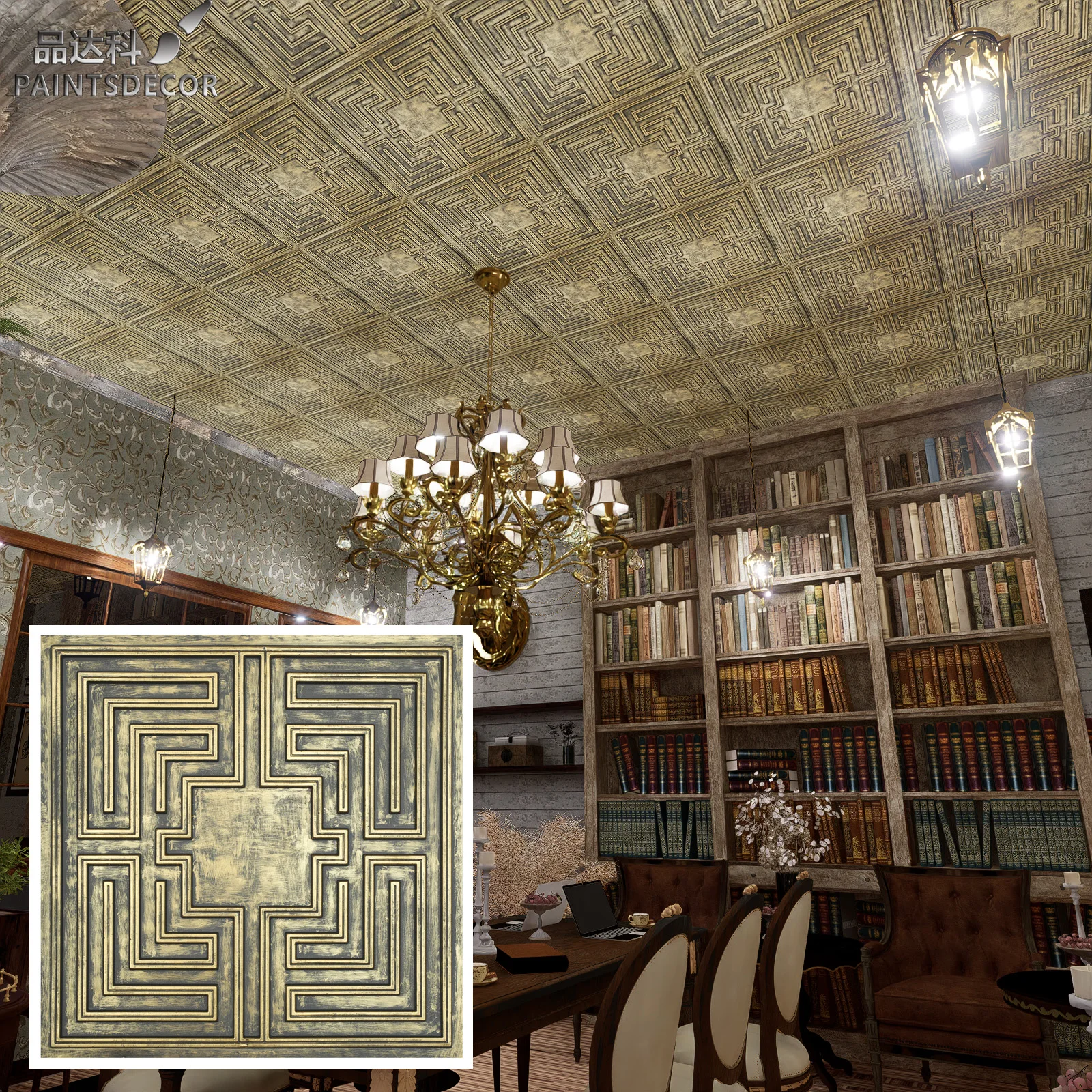 Faux finishes crevices decor wall panels Vintage Pattern Tin ceiling Tiles Easy Drop-In Installation PL25 Ancient gold