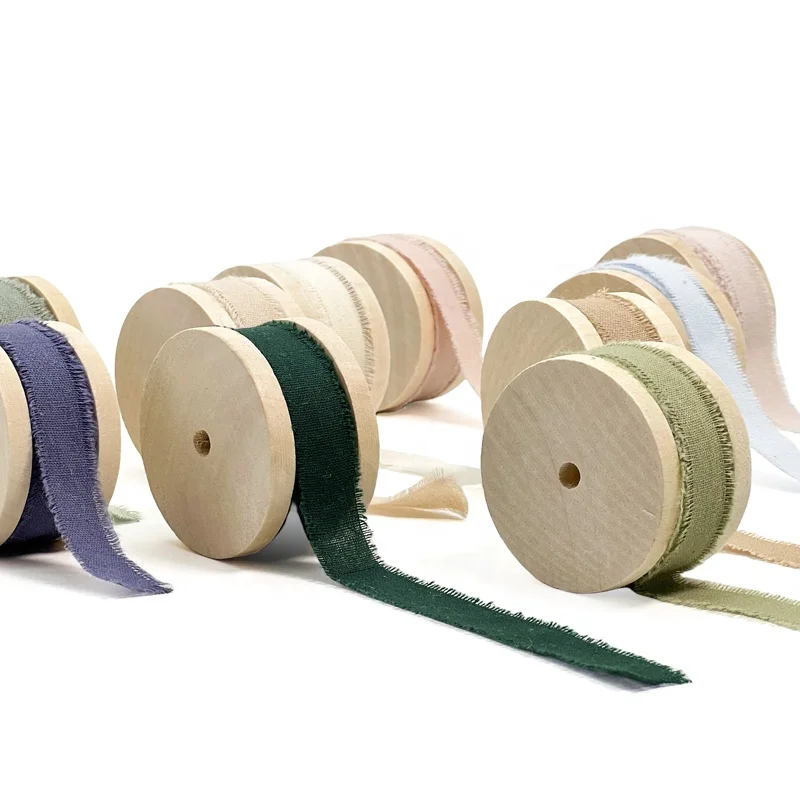 Custom Gift Ribbon Organic Eco-Friendly 1.5Cm Hand Torn Fringed Narrow Cotton Ribbon Roll With Wood Spool