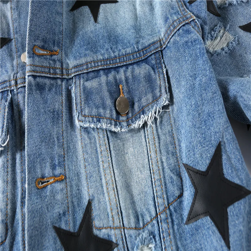 2022 Custom Design Jean Jacket men Pattern Printed Pentagram denim jacket broken hole print gradient washed jacket for man