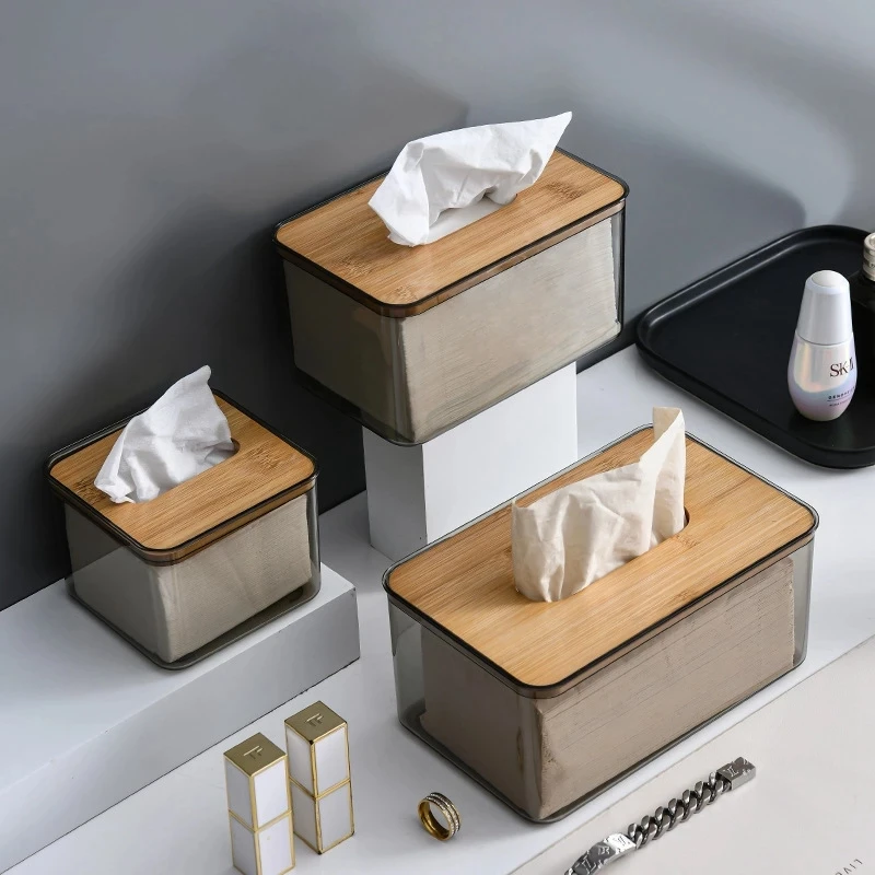 Transparent Tissue Boxes Household Square Table Napkin Holder Wood Lid Paper Storage Container for Home Car Tissue Dispenser