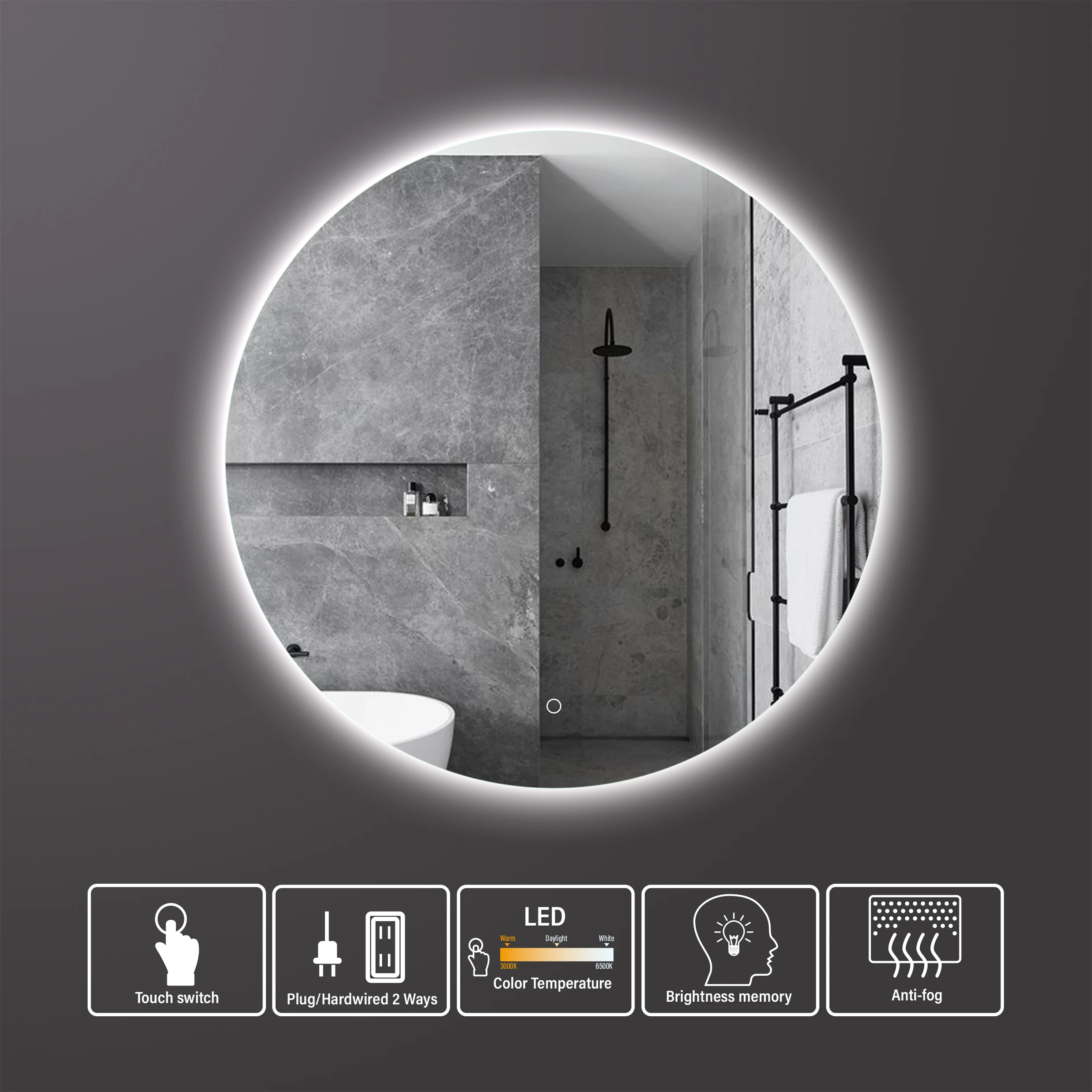 Modern round led mirror Anti-fog Function 5mm Double Screen Touch round design led mirror bathroom