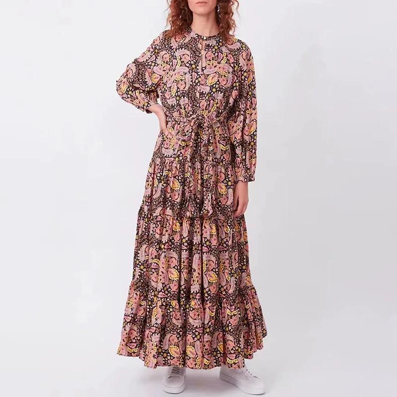 Ropa Para Dama 2022 Summer New French Retro Print Dress Long Skirt Puff Sleeve Long Sleeve High Waist Strappy Dress