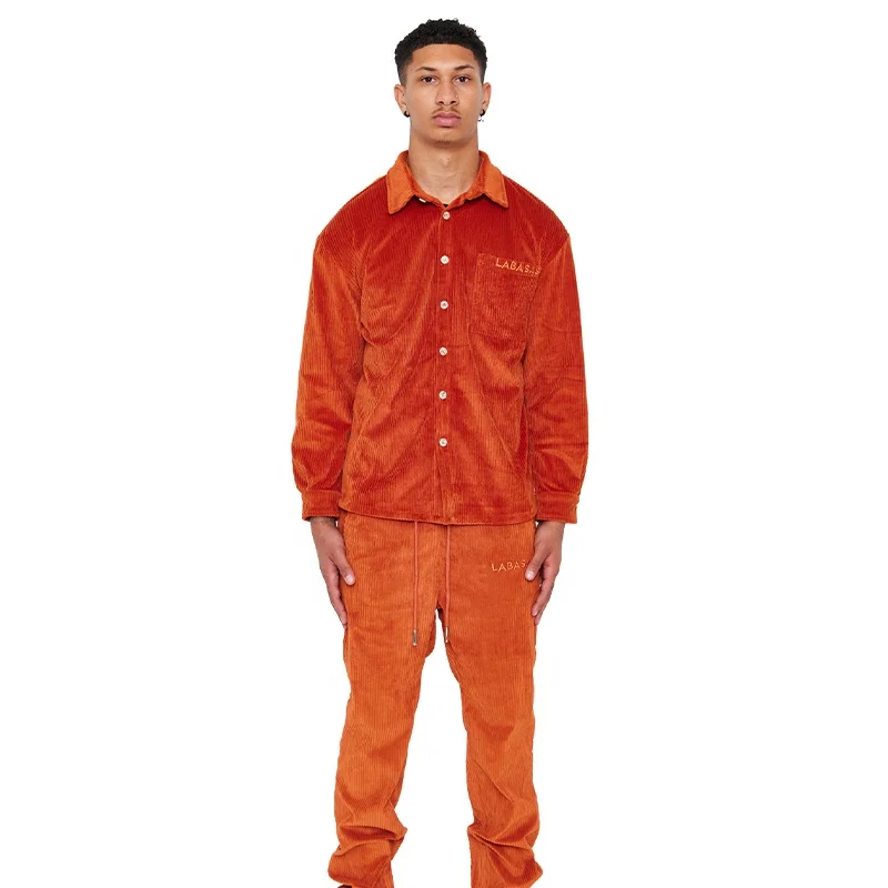 KY Button Corduroy Long Sleeve  Logo Embroidery Zipper Bottom Drawstring Pants Flare Pants Fleece Set