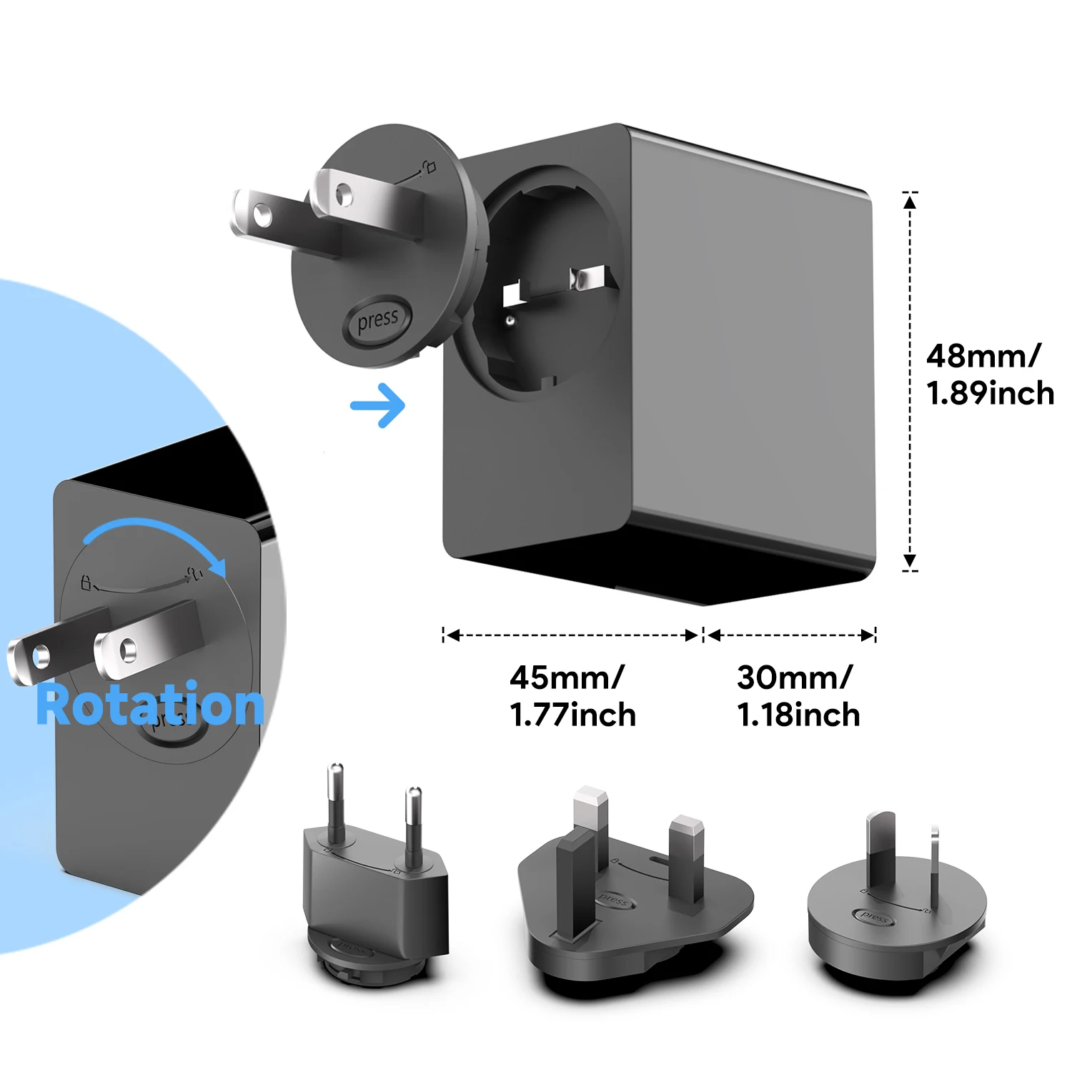 PD-45W 1C1A   power adapter with interchangeable plugs for US, UK, AU, EU, 4 removable plugs Cypress PD3.0