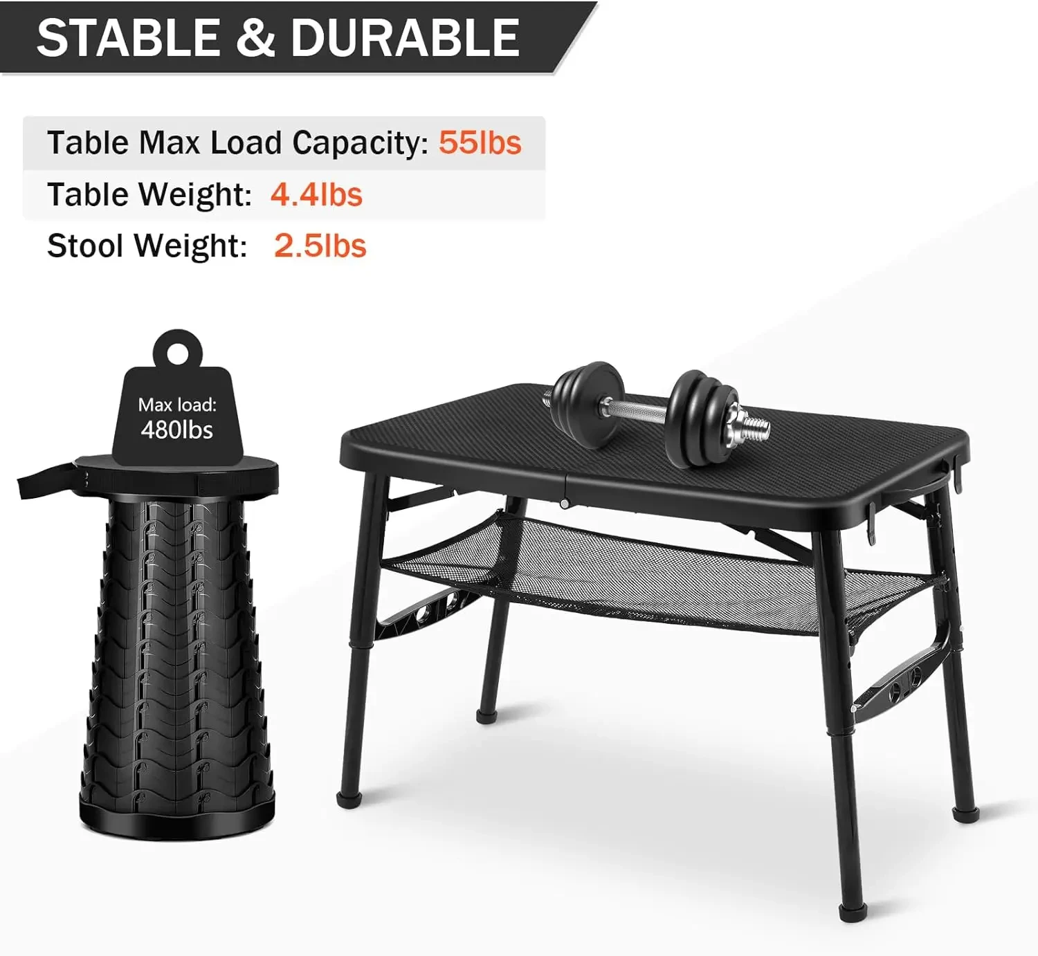 Folding Camping Table Portable - Adjustable Height Table with Collapsible Stool and Mesh Layer Foldable Table Lightweight