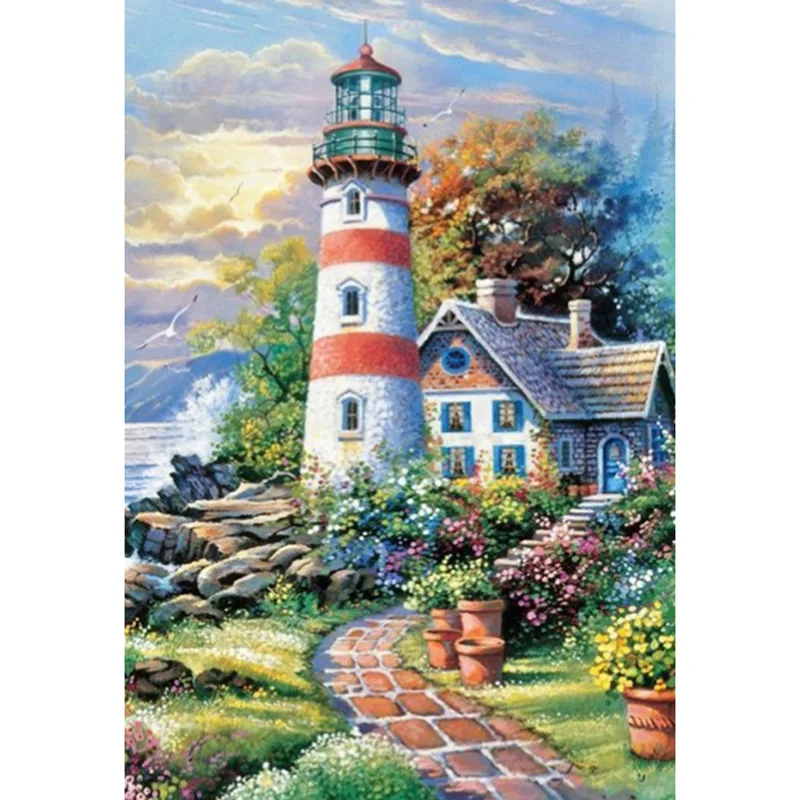 
5d painting of a diamond full of diamonds new DIY stickers cross stitch seaside lighthouse house path landscape painting on beha 