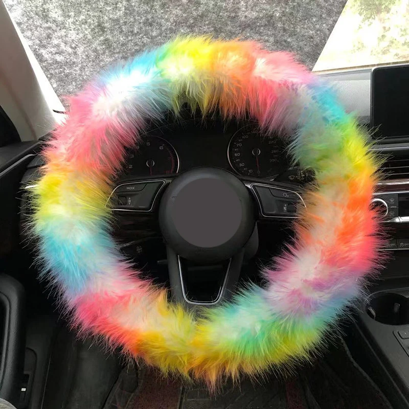 China Wholesale Winter Pure Wool Steering Wheel Cover Car Fur Leather Plush Three-Piece Soft Warm Steering Wheel Pink Cover Car