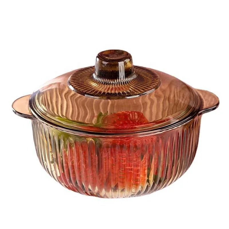 Glass Bowl With Lid European Style Brown Double Ear Salad Bowl Set Vertical Pattern Instant Noodles Crystal Pot