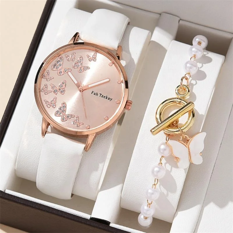 Many Different Colors Fashion Pearl Bracelet with Lady butterfly Belt Quartz Watch Set Jewelry