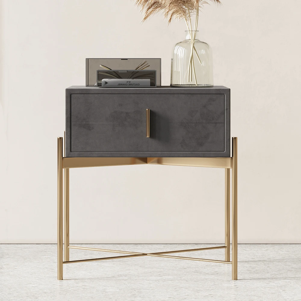 Luxury Italian Nordic Modern Fabric Velvet Grey Gold Bedside Table Nightstands Steel Side Table Hotel Villa Bedroom Furniture