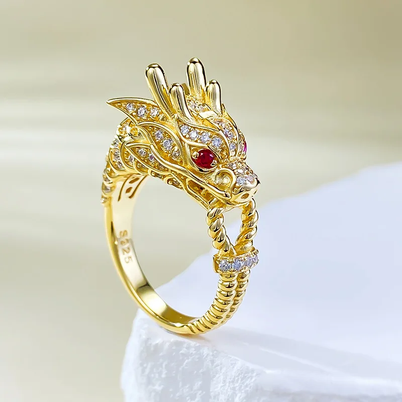 New 925 silver gilded China-Chic Golden Dragon Dominant Leader Ring Dragon Tiger Spirit Life Year Dragon Ring Wedding Jewelry