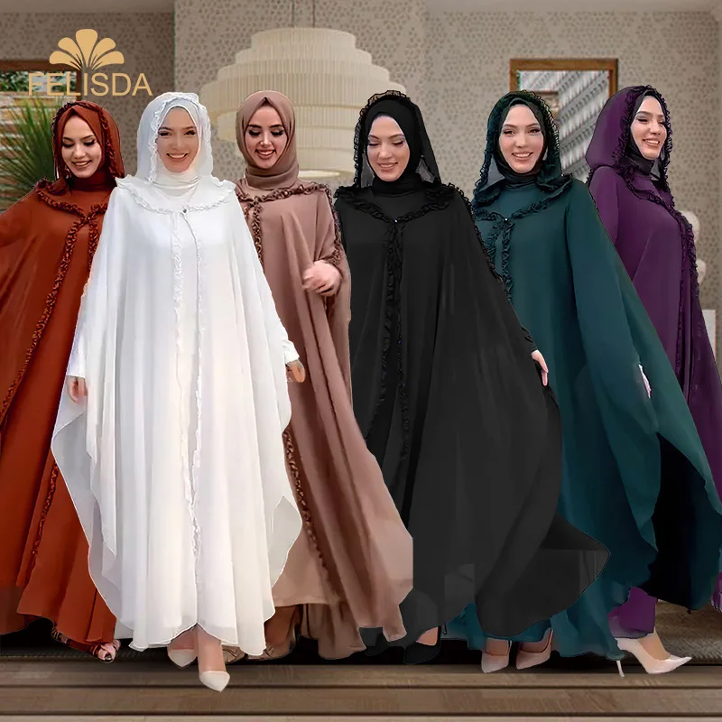 Ramadan Chiffon Muslim 2 Piece Khimar Abaya Set Islam Hijab African Dresses Women Kebaya Robe Femme Musulmane Kaftan Robe Dress