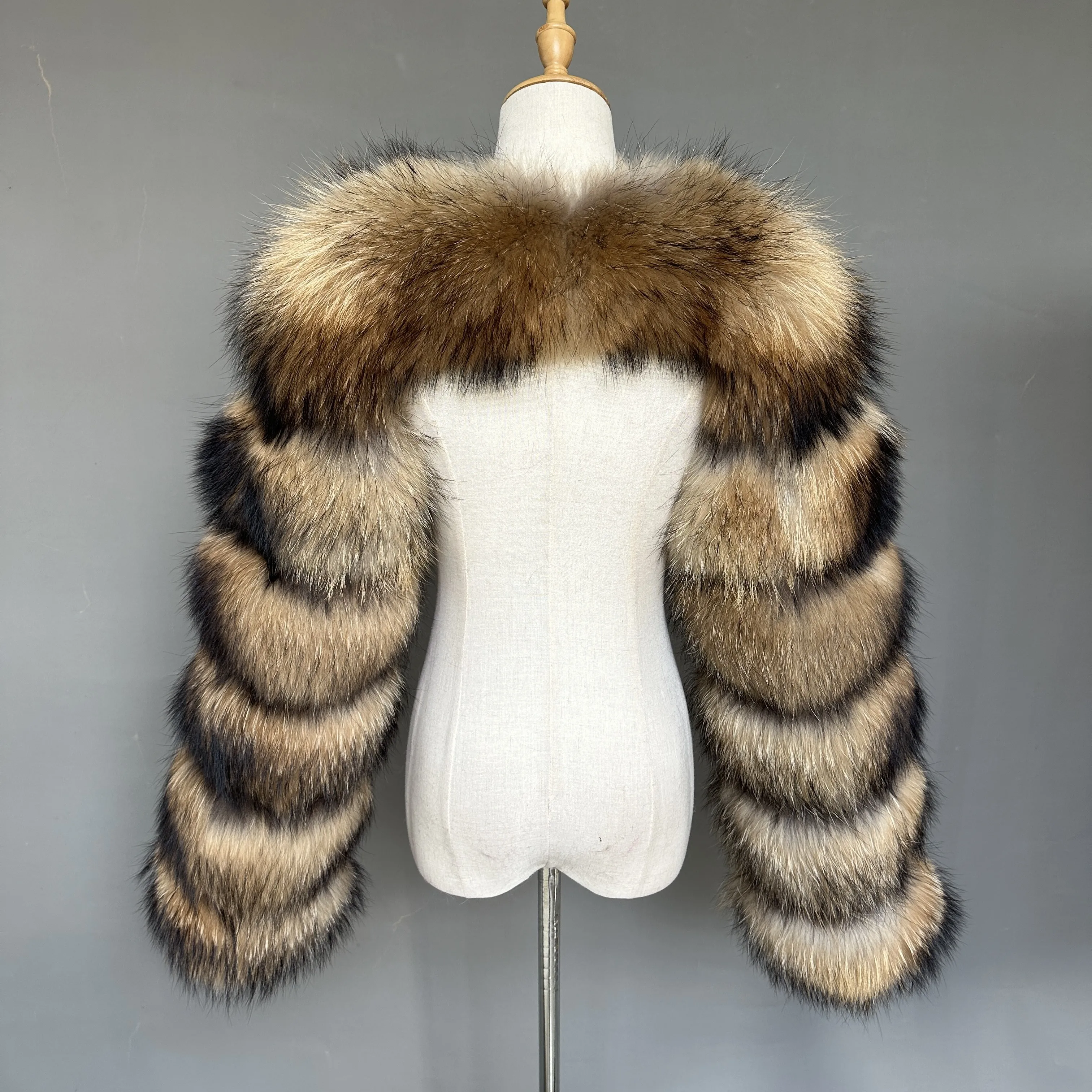 New Fashion Real Fox Fur Sleeves Jacket Winter Natural Raccoon Fur Cropped Coat Women Two Fox Fur Sleeves