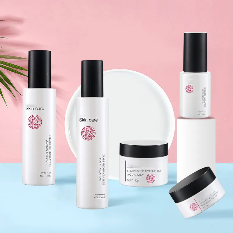 High quality Pearl white cosmetics pump glass bottle 30ml100ml120ml and 30g 50g cream jar set with matte black cap