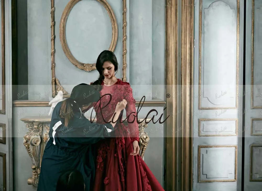 RUOLAI PEV-L3052 Modest Long Sleeve 3D Floral Appliqued Beaded Lace Satin Red Long Evening Gowns Dresses