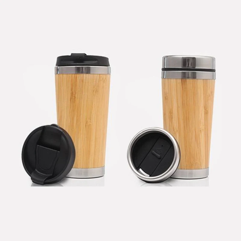 stainless steel water bottle bamboo Drinking Wooden Bamboo fiber mugs Tumbler With Cup Lid