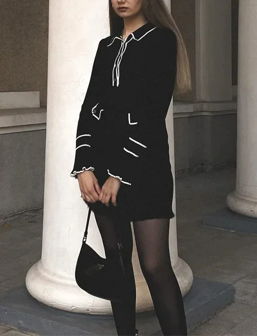 2024 Custom FNJIA Design Slim Elegant Lapel Button Knitted Skirt Winter New Long Sleeve Thin Casual Sweater Dresses For Women