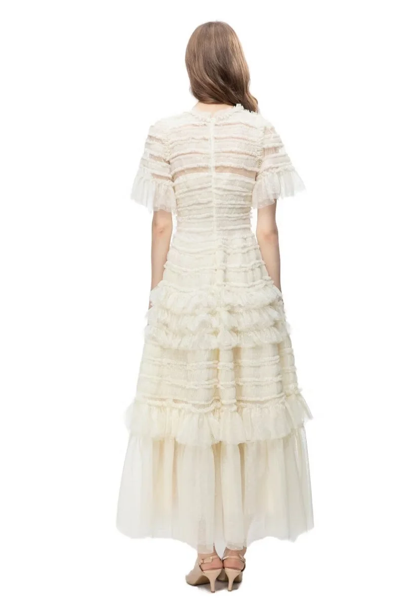 Ball Gown Party Evening Women Long Dress 2024 Summer Autumn Ladies Polka Dot Prints Cascading Ruffle Mesh Blue Pink Beige Dress