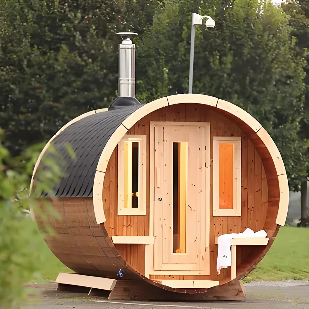 Modern 4-Person Outdoor Barrel Sauna Room Hemlock Dry Steam with 3KW Electric Heating and Far Infrared for Wet Steam Stove Use
