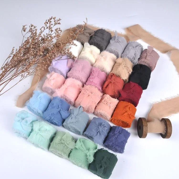 Handmade Rough Edge Chiffon Silk Ribbon Handmade Frayed Raw Silk Chiffon Ribbon Wholesale With Frayed Edge