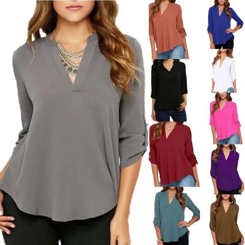 Female Clothes Ladies Short Sleeve Chiffon Tops Shirt Sexy V Neck Solid Women Blouses Casual Tee Shirt Tops