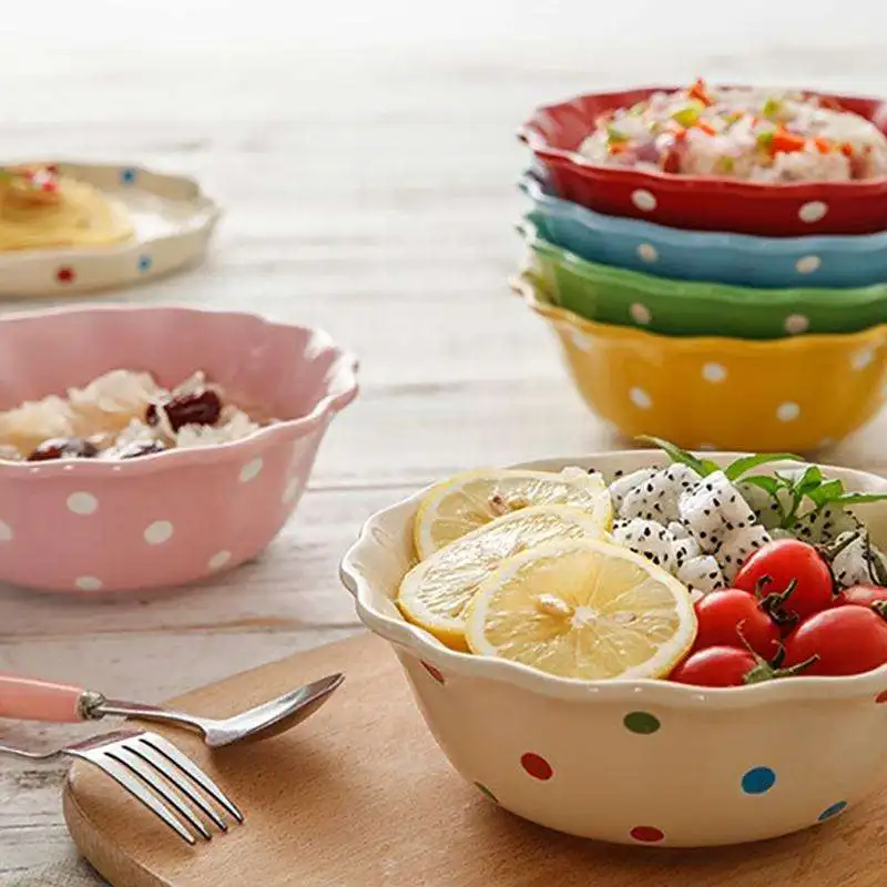 Polka Dot Fruit Salad Dessert Cereal Breakfast Bowl Creative Ceramic Tableware Dinner Set